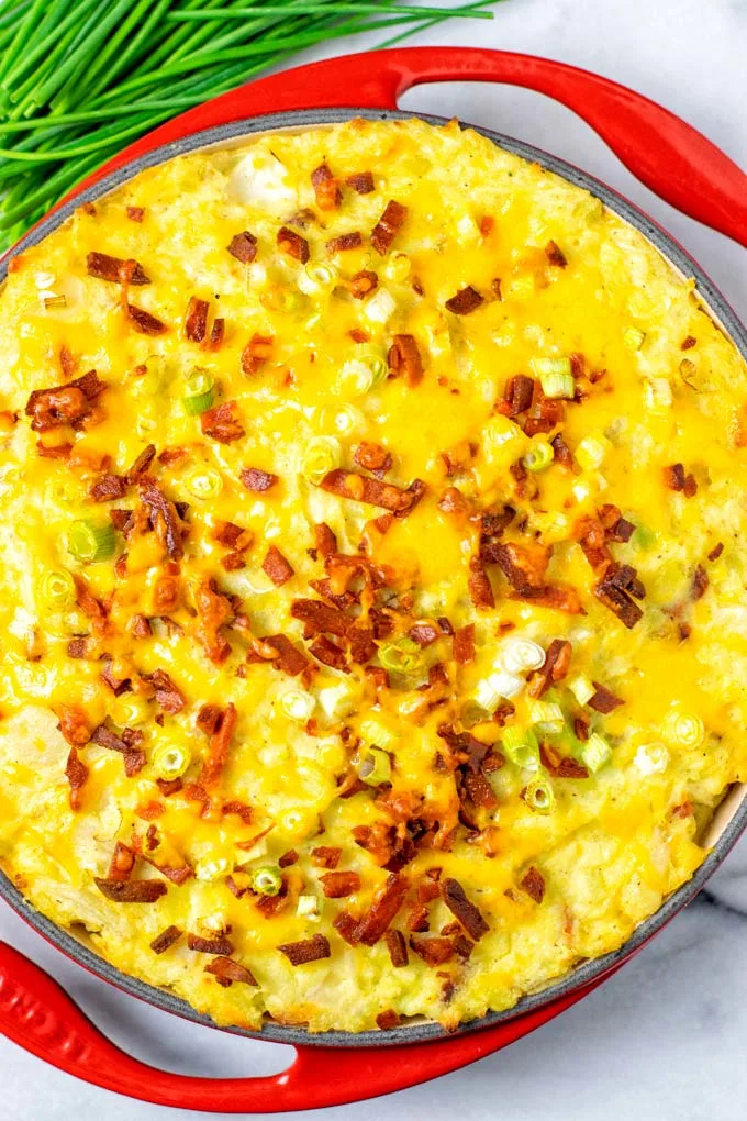 Top view on the Twice Baked Potato Casserole out of the oven.