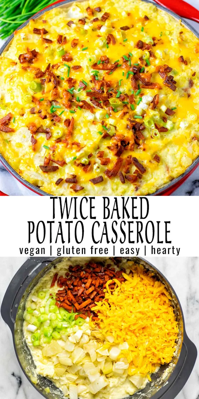 This Twice Baked Potato Casserole is made with simple ingredients and packed with amazing flavors. No one would ever taste it is vegan, because it will taste better than any other you've ever tried and made. #vegan #dairyfree #glutenfree #vegetarian #dinner #mealprep #contentednesscooking #twicebakedpotatocasserole #potatocasserole
