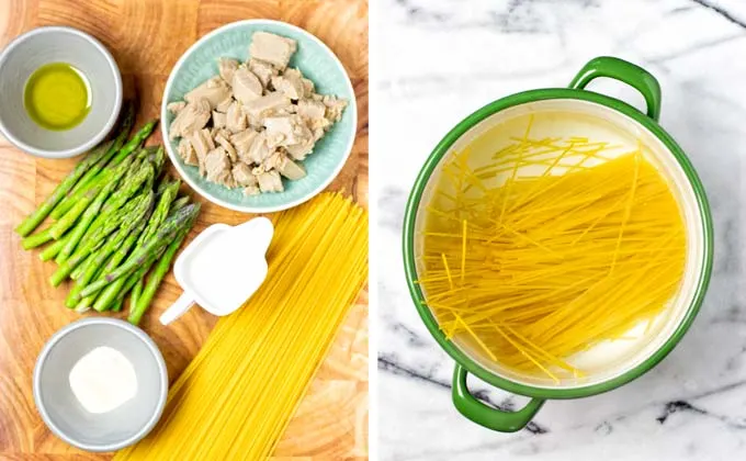 Ingredients for the Asparagus Pasta on bowls on a wooden board.