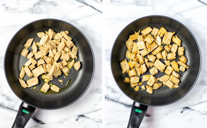 Showing the first step of frying the vegan chicken strips. 