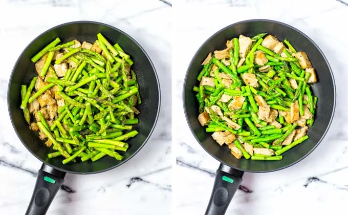 Adding the green asparagus tips to the sauce pan with the vegan chicken.