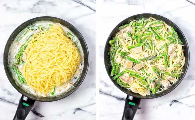 Final step of mixing cooked pasta in the sauce pan.