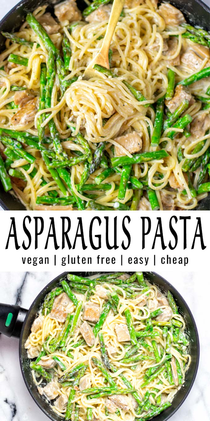 Collage of two pictures of the Asparagus Pasta with recipe title text.