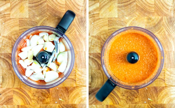 Step 1: Making a tomato onion paste in a food processor.