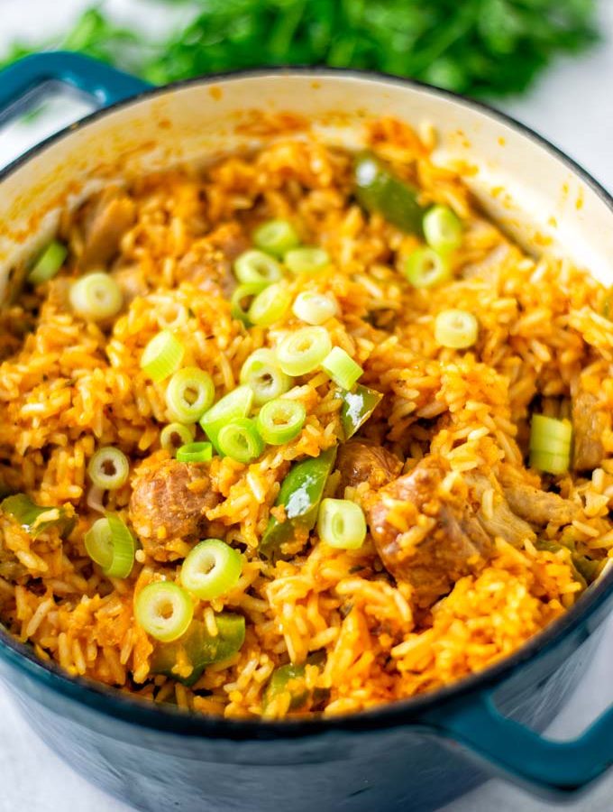 Closeup view of the Jambalaya Rice showing the rice, vegan meat, and fresh scallions.