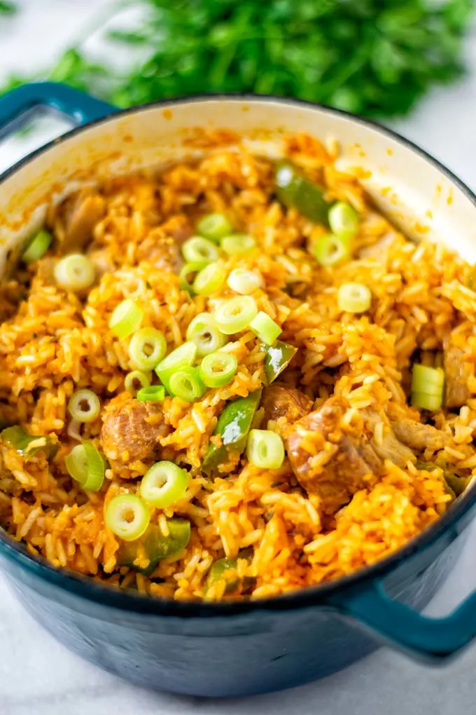 Closeup view of the Jambalaya Rice showing the rice, vegan meat, and fresh scallions.