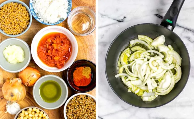 Ingredients for this Koshari recipe on a wooden board.