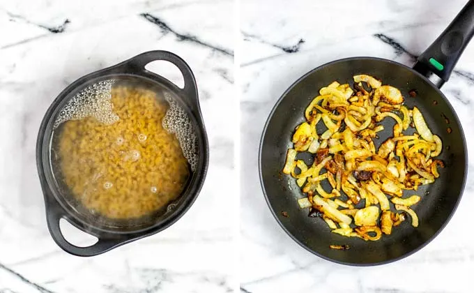 Pasta is being cooked and onions are fried in a saucepan.