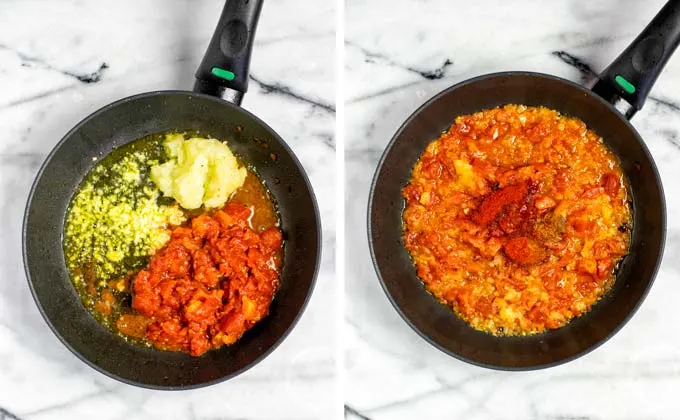 Before and after pictures making the Koshari sauce.