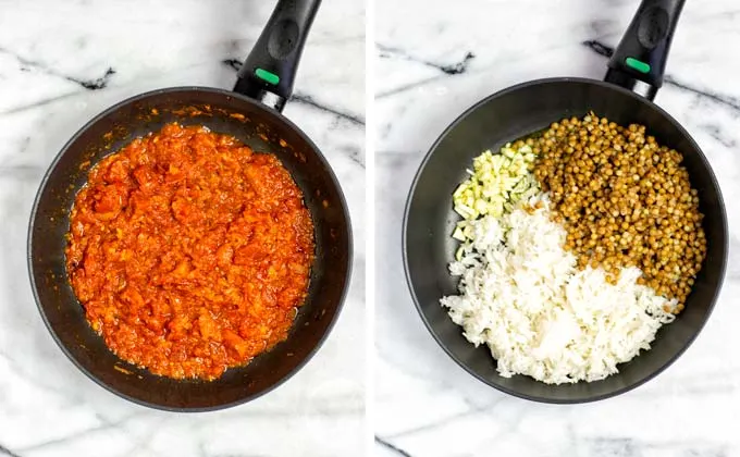 Preparing the roasting of the rice and lentils in a saucepan.