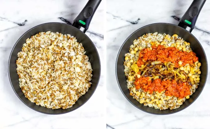 The Koshari is assembled in a saucepan.