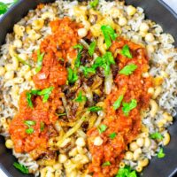 Top view of the Koshari dish in a pan.