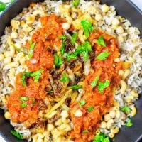 Top view of the Koshari dish in a pan.