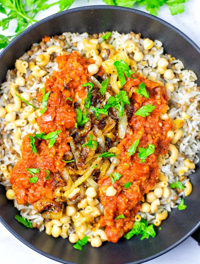 Top view of the Koshari dish in a pan.
