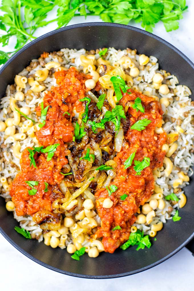 Top view of the Koshari dish in a pan.