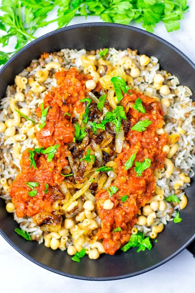 Top view of the Koshari dish in a pan.