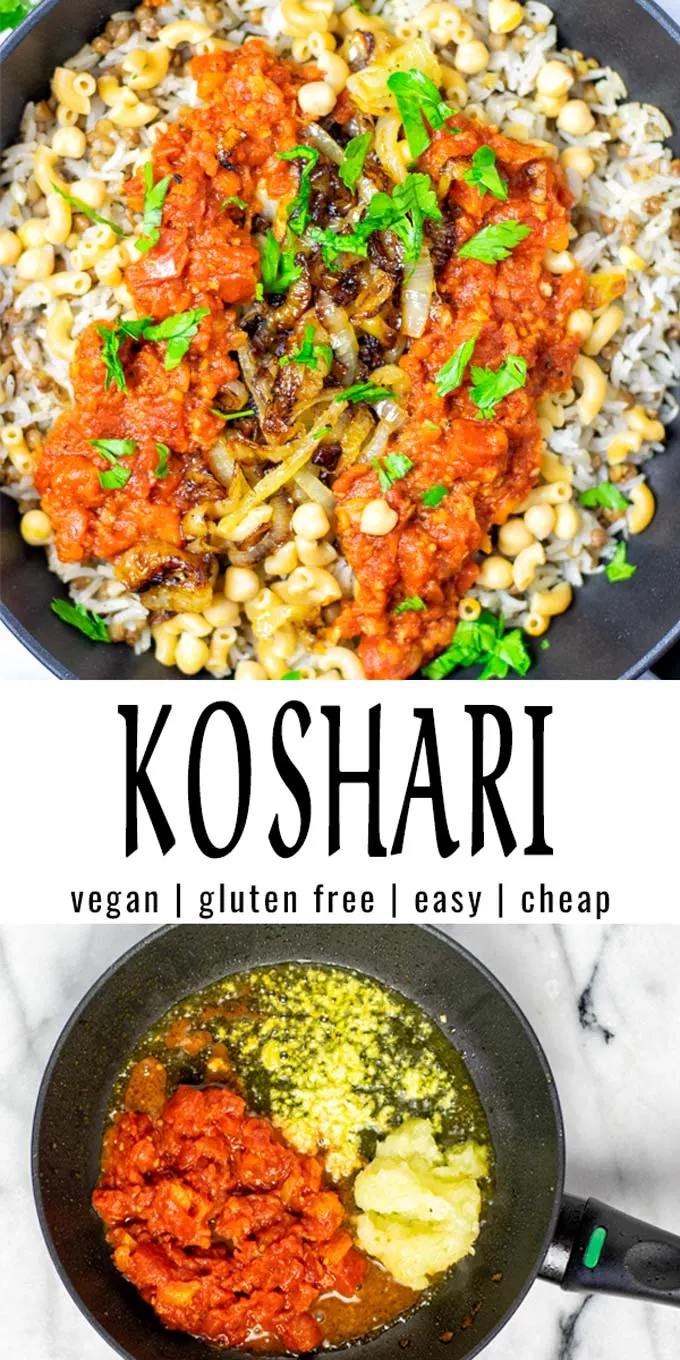 Collage of two pictures of this Koshari with the recipe title text.