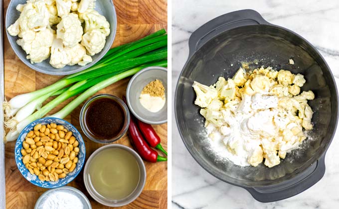 Two pictures showing the ingredients needed to make the Kung pao cauliflower and the mixing bowl.