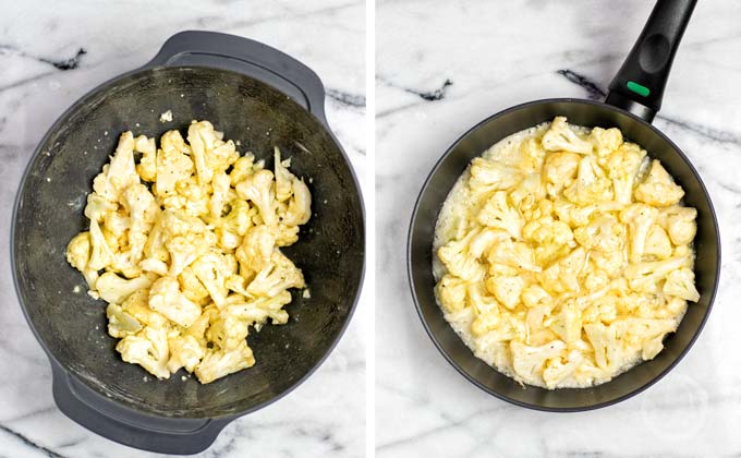 Side by side picture of mixed cauliflower and beginning of frying in the pan.