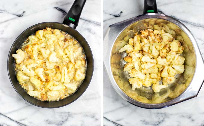 Two pictures showing the end of the cauliflower frying and after draining it from the oil.