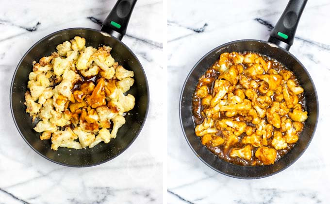 Two pictures showing mixed cauliflower and Kung Pao sauce in a pan, before and after cooking.