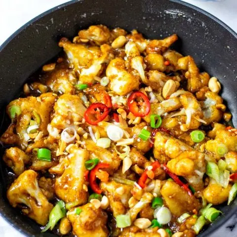 Closeup view on the Kung Pao Cauliflower.