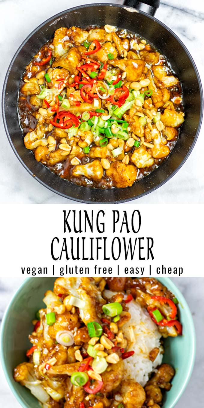 Collage of two pictures of the Kung Pao Cauliflower with recipe title text.