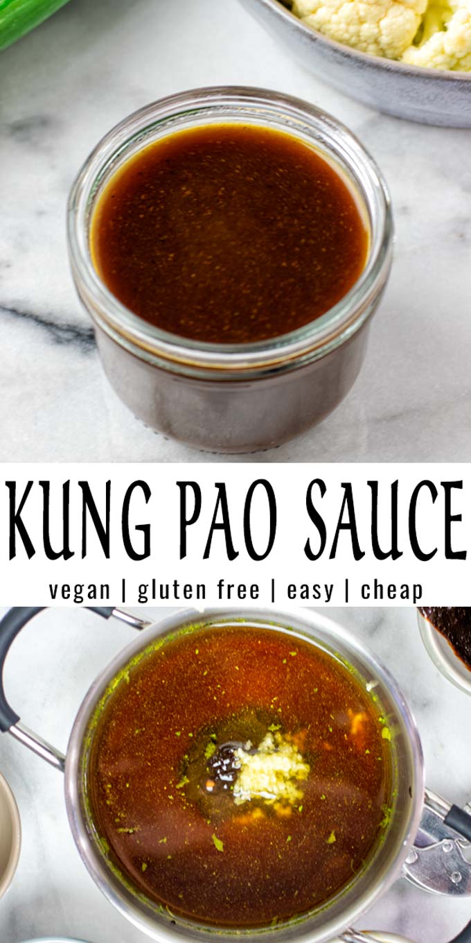 Collage of two pictures of the Kung Pao Sauce, with recipe name text.