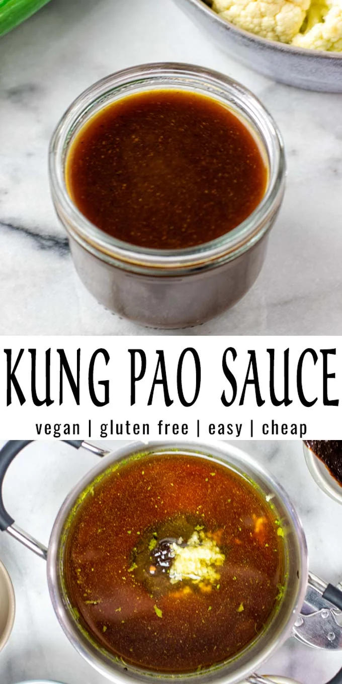 Collage of two pictures of the Kung Pao Sauce, with recipe name text.