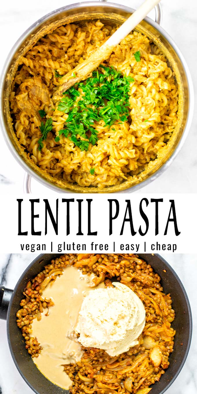 Collage of two pictures of this Lentil Pasta recipe, with recipe text.