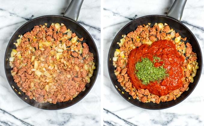 Step 1: Preparing the vegan ground beef, onion, and tomato sauce.