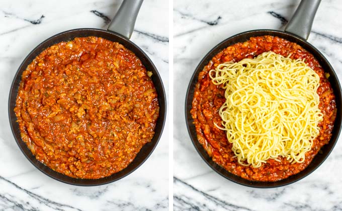 Step 2: Mix leftover pasta with the vegan meat sauce.