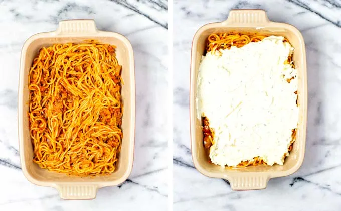 Step 4: Layering the Million Dollar Spaghetti in a large casserole.