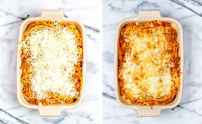 Step 5: The whole dish in a casserole before and after baking in the oven.