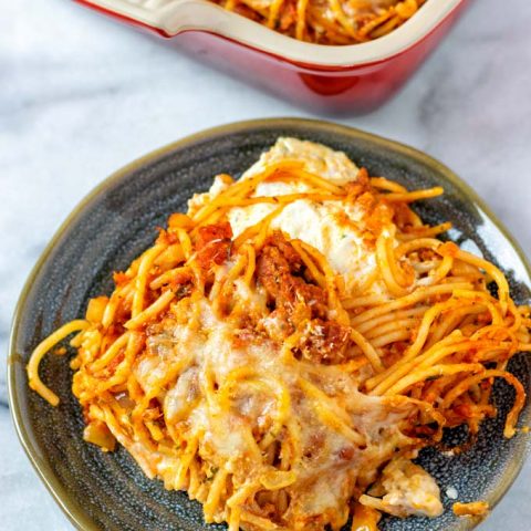 Portion of the Million Dollar Spaghetti on a small plate.