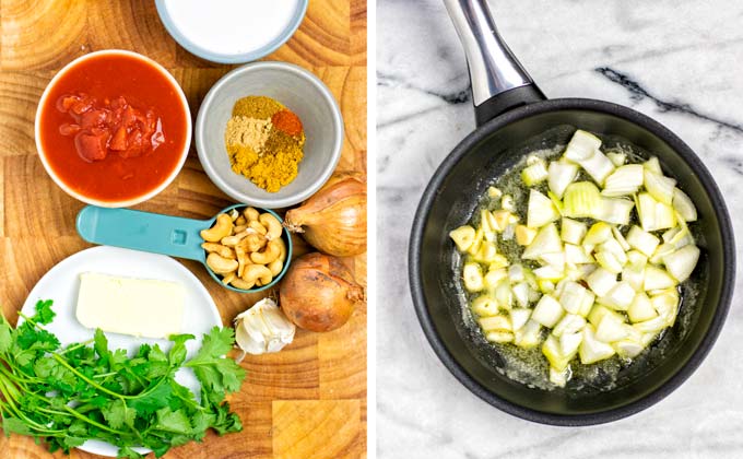 Ingredients for the Tikka Masala Sauce on a wooden board.