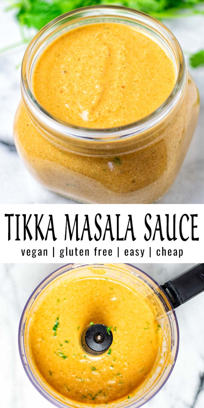 Collage of two pictures of the Tikka Masala Sauce with recipe title text.