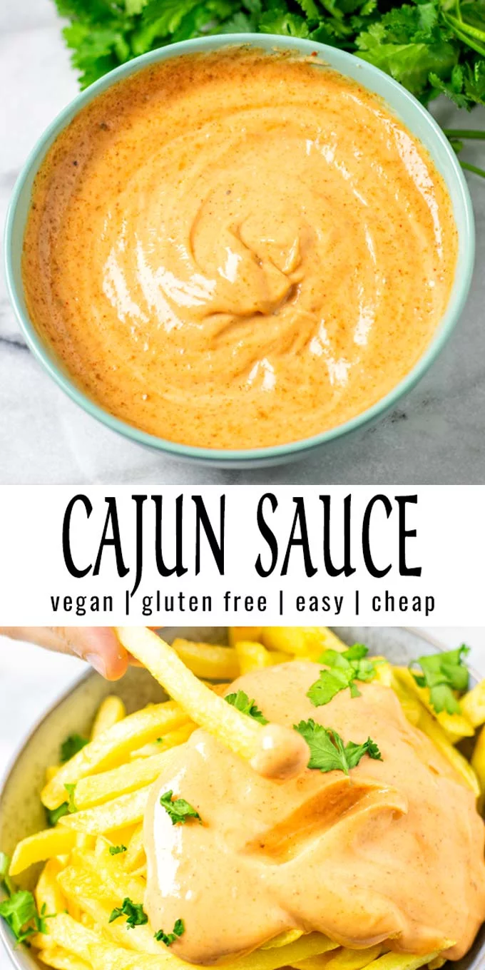 Collage of two pictures of the Cajun Sauce with recipe title text.