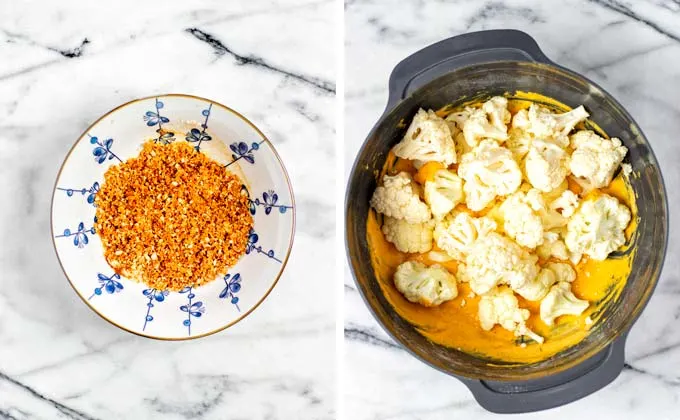 Cauliflower florets are given into a bowl with the Wing Sauce marinade.