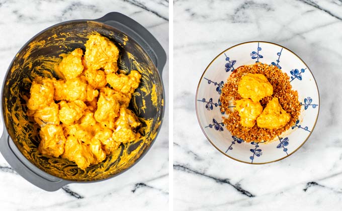 Marinated cauliflower florets are coated in panko breadcrumbs.