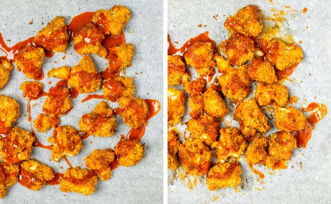 Cauliflower florets are covered in extra Wing sauce .on the baking sheet.