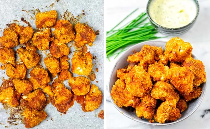 Cauliflower Wings after baking on a baking sheet and in a serving bowl.