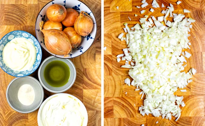 Ingredients for the French Onion Dip on a wooden board.