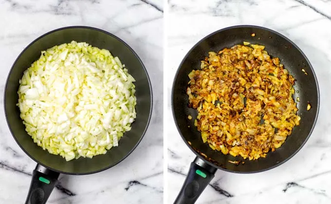Before and after pictures of caramelizing the diced onions in a pan.