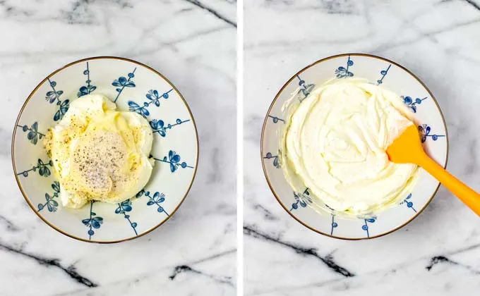 Showing mixing of the sour cream and mayo with seasoning in a small bowl.