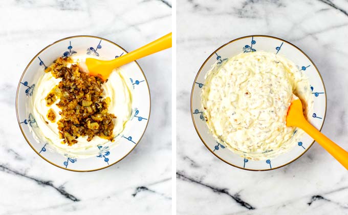 Adding caramelized onions to the creamy ingredients.