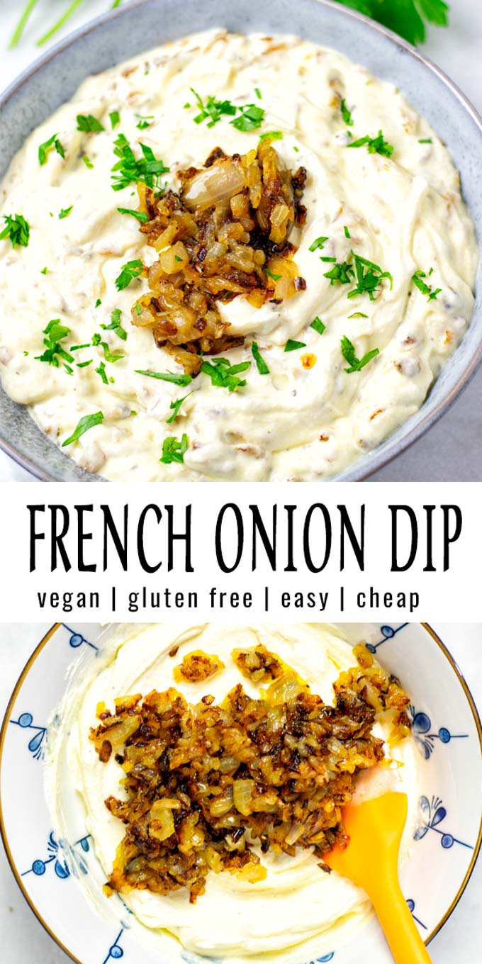 Collage of two pictures of the French Onion Dip with recipe title text.