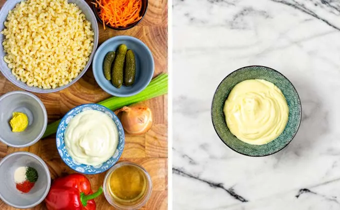 Ingredients needed to make this Macaroni Salad on a wooden board.