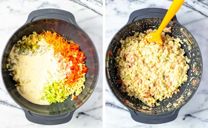 Adding the dressing to the macaroni and vegetables and mixing to get the final salad.