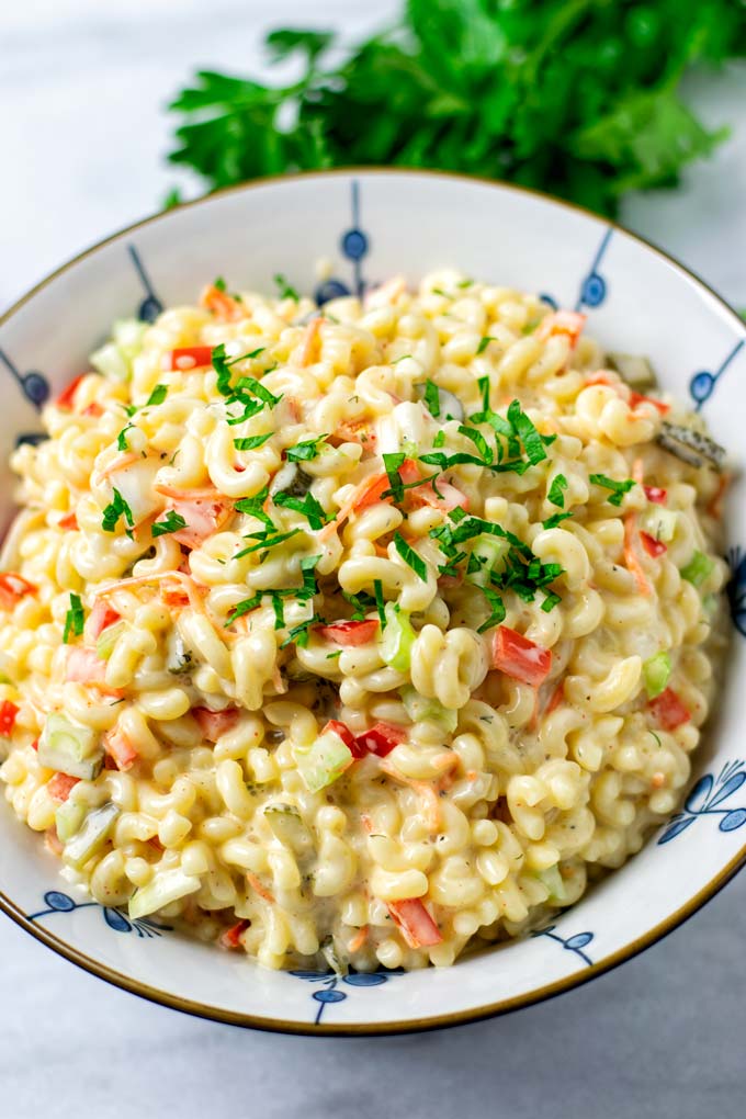 Closeup on a bowl of the Macaroni Salad.